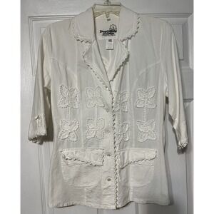 Inca Cottons Shirt Womens Large White Button Up‎ 3D Flower Design 3/4 Sleeve